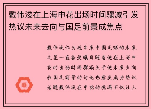 戴伟浚在上海申花出场时间骤减引发热议未来去向与国足前景成焦点